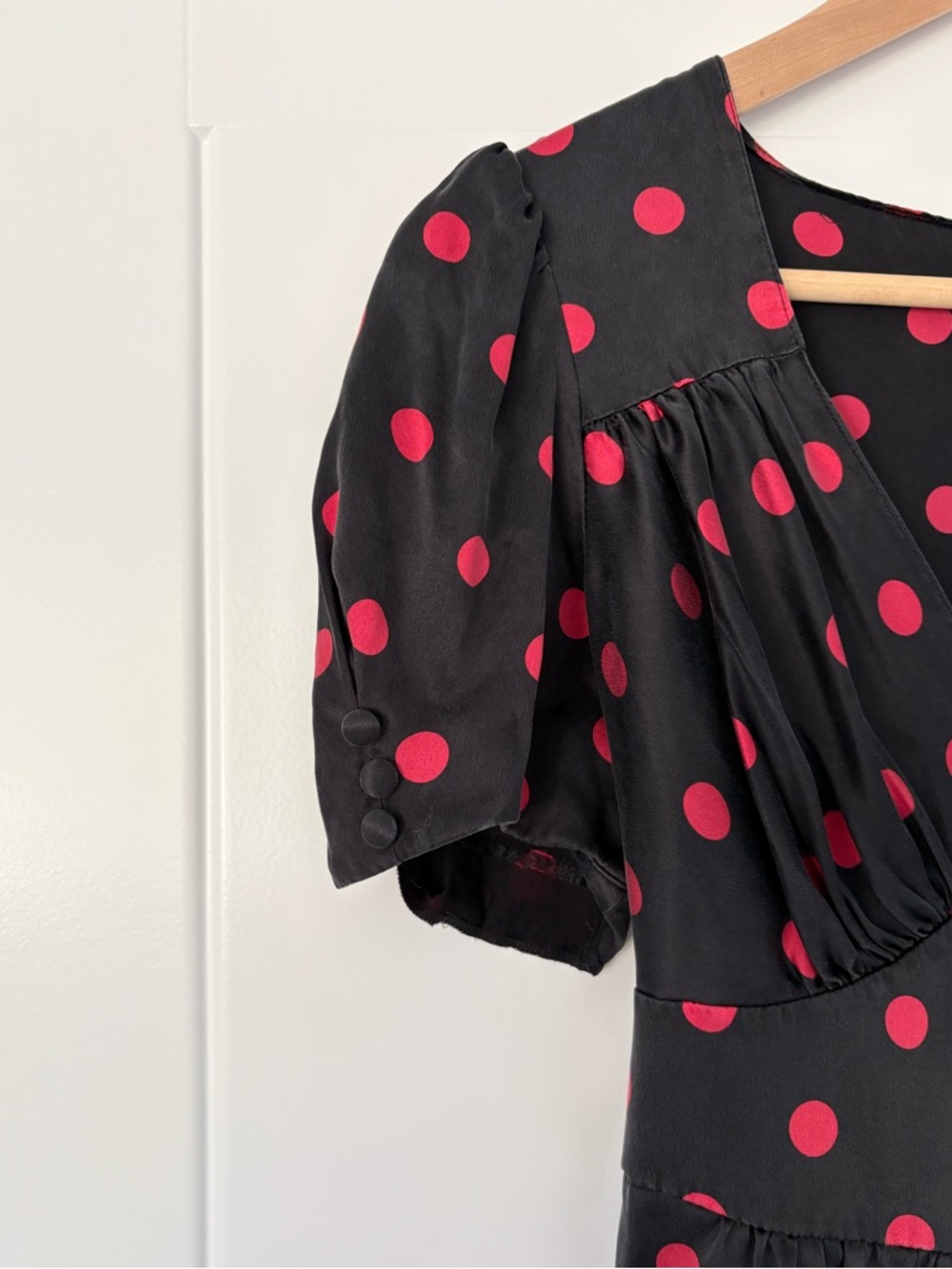 Vintage Betsey Johnson 100% Silk Black Red Polka Dot Puff Sleeve Dress - Picture 3 of 16